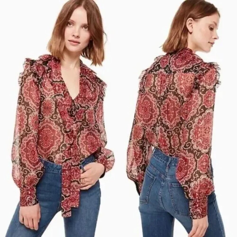 Kate Spade Medallion Metallic Top Fluid Long Sleeve Tie Neck Size Large